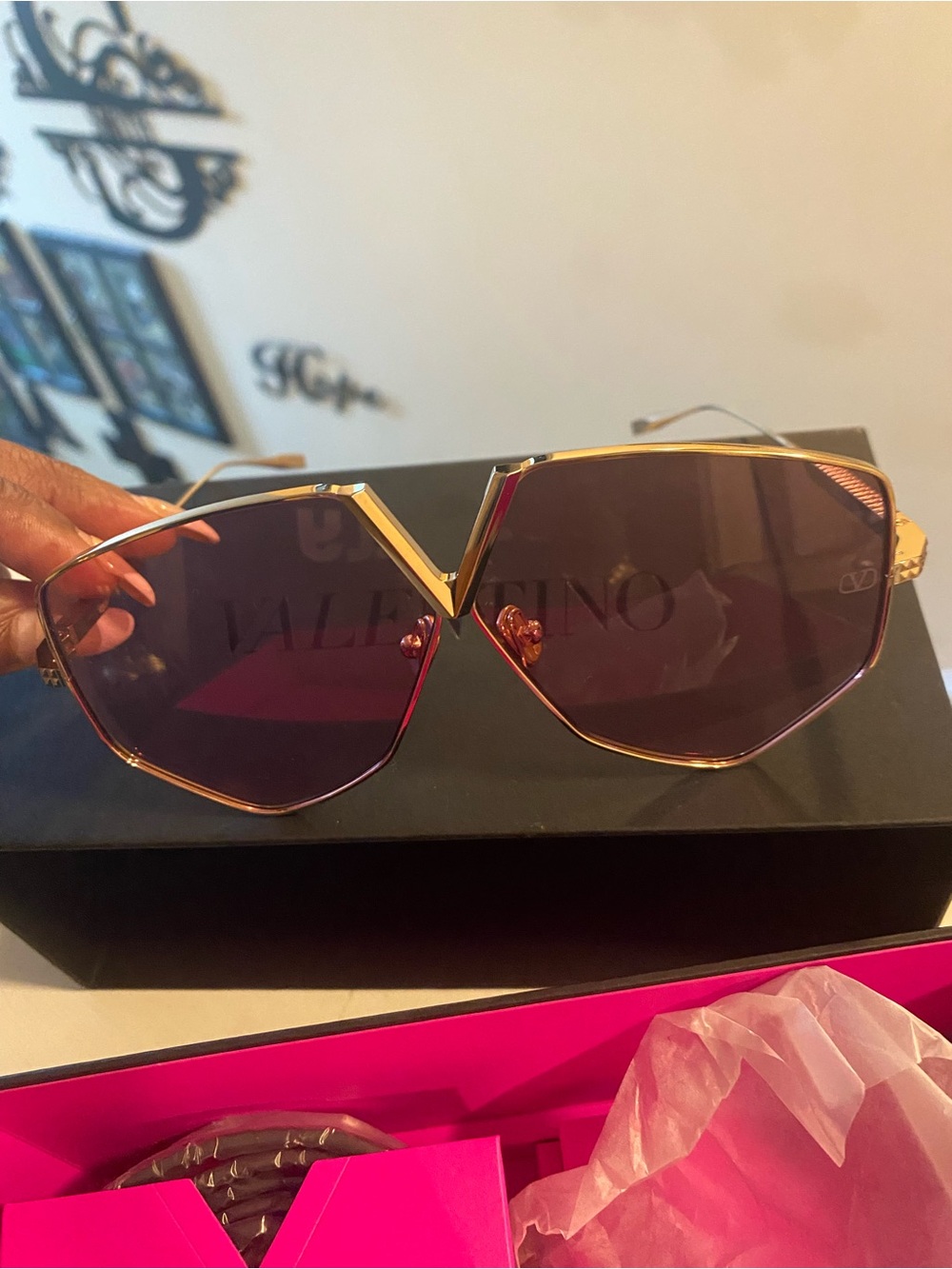 Valentino Gold Frame Sunglasses with Purple-Tinted Lenses